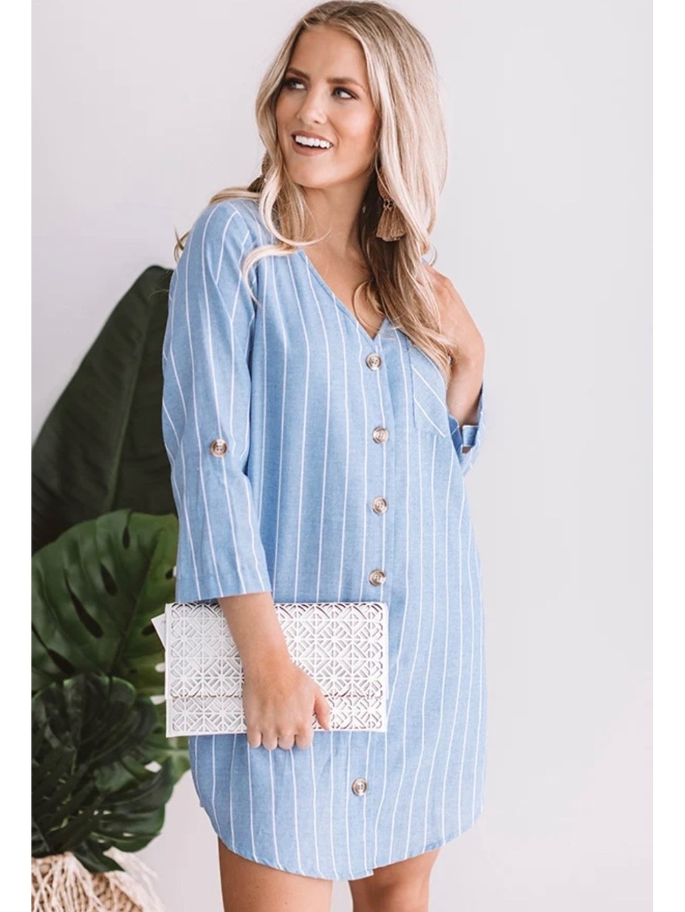 Entro blue-and-white striped button-front mini/shirt dress